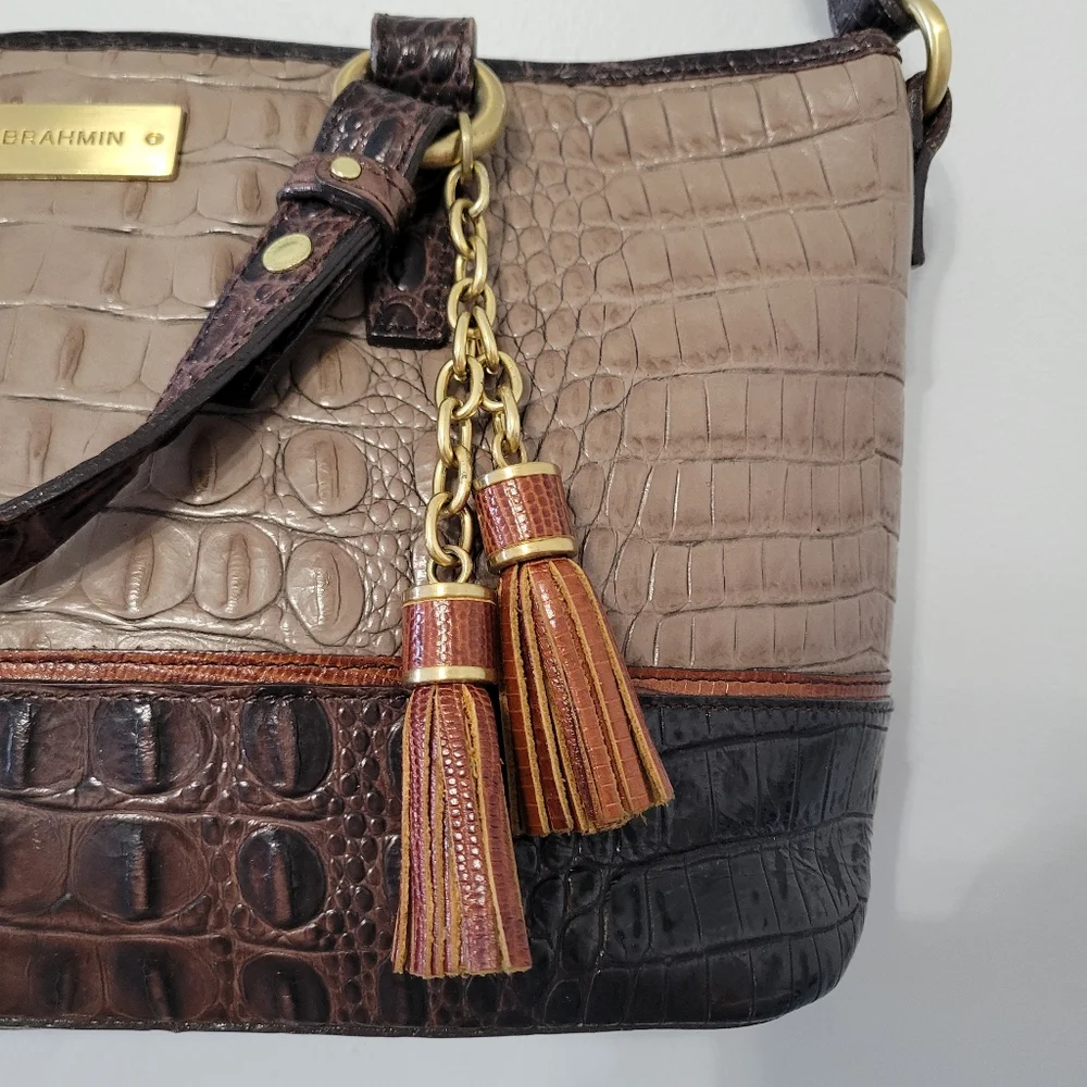 Brahmin Mini Asher Satchel Bag Croc Embossed Rich Dark Brown Grey Tan Luxury